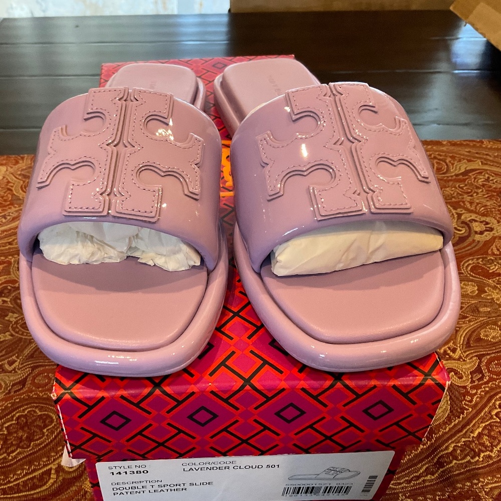 Tory Burch Lavender Cloud Patent Leather Slide Sandals